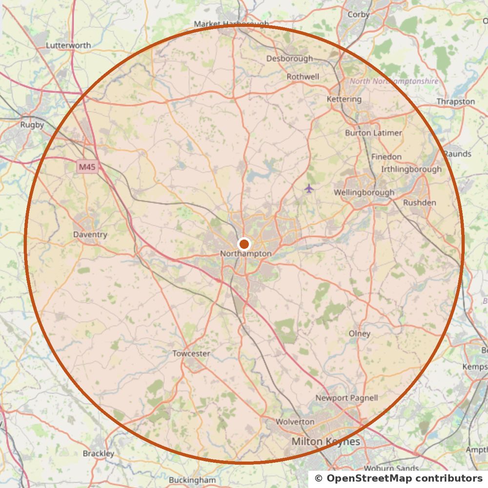 Map of the Strata Plumbing & Heating coverage area: about 15 miles around Northampton, reaching Kettering, Wellingborough, Rushden, Daventry, Towcester, Olney and Milton Keynes